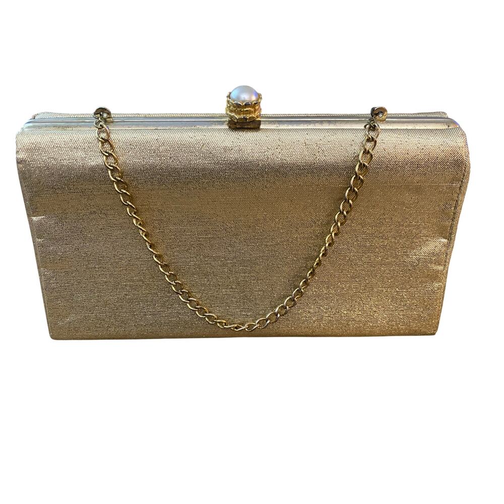 Vintage Gold Metallic Shimmer Box Clutch | Faux Pearl Clasp & Gold Chain Strap